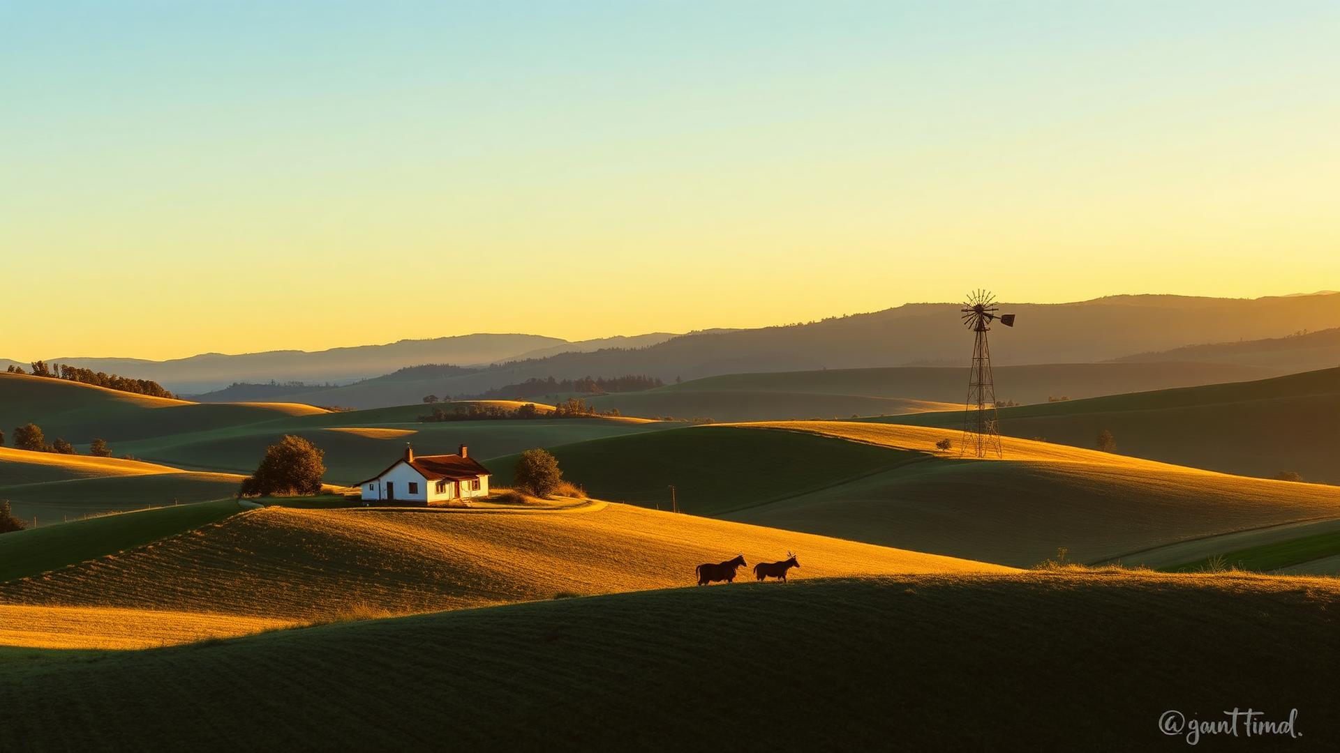 Sonoma County rolling hills with farmhouse and windmill